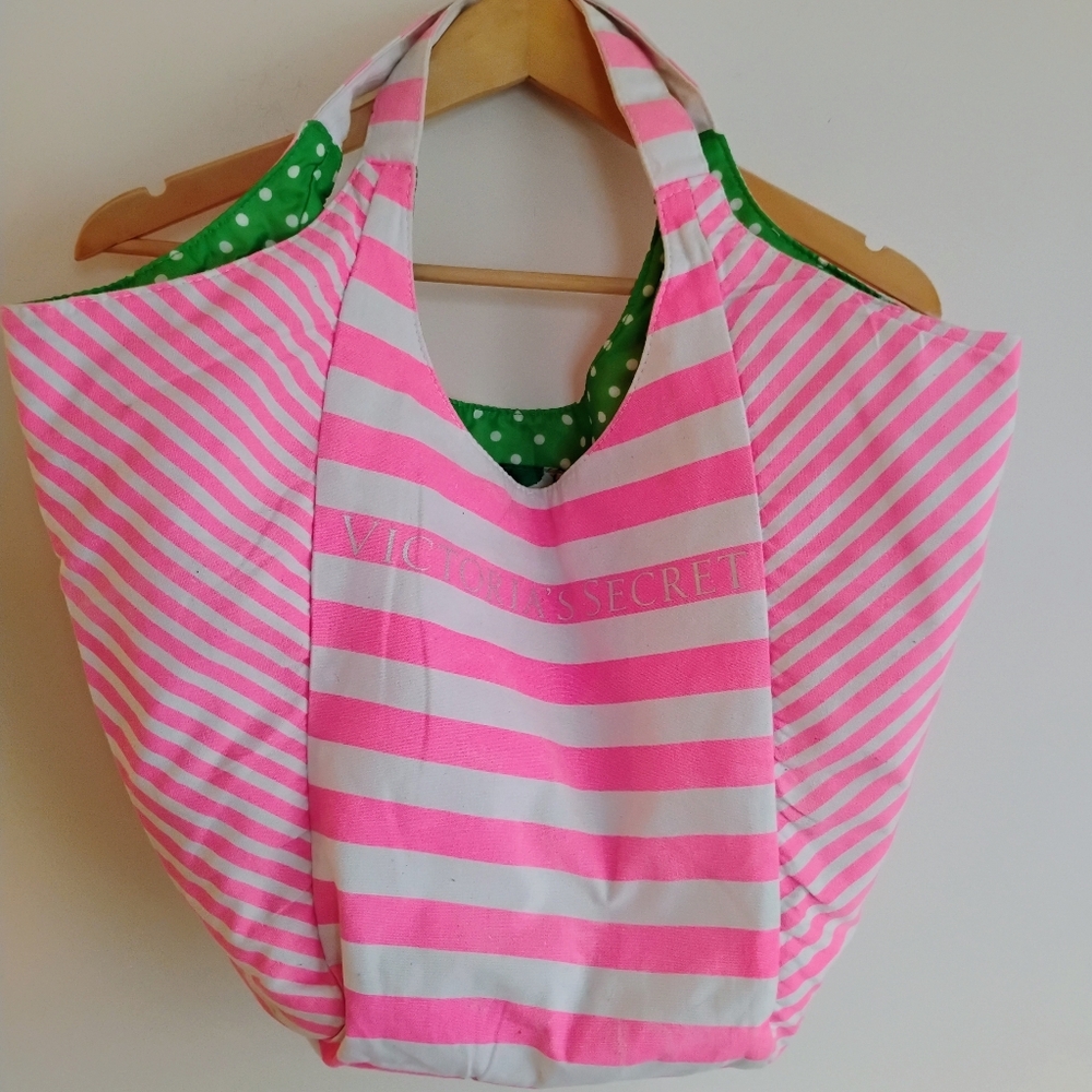 Victoria Secret Floral Pink Green Striped Reversible Bag Beach Summer Gym Picnic